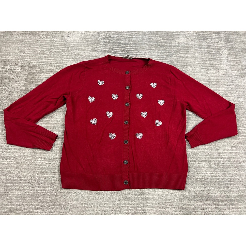 Mila Cardigan Womens Medium Red Beaded Heart Romantic Button Front Knit Sweater